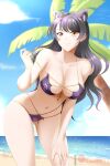  1girl animal_ear_fluff animal_ears bangs banned_artist beach bikini black_hair blake_belladonna blue_sky blurry blurry_background breasts cat_ears cloud collarbone day eyebrows_visible_through_hair floating_hair front-tie_bikini front-tie_top grin hand_on_lap highres kimmy77 large_breasts lens_flare long_hair looking_at_viewer multi-strapped_bikini navel ocean off_shoulder orange_ribbon outdoors palm_tree paw_print print_bikini purple_bikini ribbon rwby shiny shiny_hair sky slit_pupils smile solo standing summer swimsuit tree undressing very_long_hair yellow_eyes 