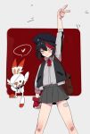  bandaged_leg bandages beret black_hair blush closed_eyes eyepatch fingerless_gloves gen_8_pokemon gloves hat heart hong_doo jacket kill_la_kill matoi_ryuuko medical_eyepatch multicolored_hair pokemon pokemon_(creature) red_hair scorbunny senketsu short_hair spoken_heart streaked_hair sukajan tagme trait_connection tsundere v victory victory_pose 