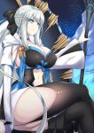  absurdres black_bow black_dress bow braid breasts center_opening cleavage clothing_cutout crossed_legs dress fate/grand_order fate_(series) french_braid gurum highres large_breasts light_blue_eyes morgan_le_fay_(fate) pelvic_curtain platinum_blonde_hair sitting stomach_cutout thick_thighs thighs two-tone_dress 