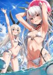  2girls amatsukaze_(kancolle) arm_up armpits ball bikini black_eyes black_hairband blonde_hair blue_sky bracelet breasts cloud day fang hairband highres holding holding_ball jewelry kantai_collection long_hair looking_at_viewer multiple_girls navel open_mouth outdoors partially_submerged shimakaze_(kancolle) silver_hair skin_fang sky small_breasts smile swimsuit takanashi_kei_(hitsujikan) two_side_up very_long_hair water wet 