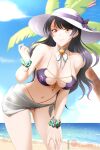  1girl banned_artist bikini black_hair blake_belladonna blue_sky bow breasts collarbone cowboy_shot day floating_hair grin halterneck hand_on_lap hat hat_bow hat_ribbon highres kimmy77 large_breasts leaning_forward long_hair looking_at_viewer navel outdoors palm_tree paw_print print_bikini purple_bikini purple_bow purple_ribbon ribbon rwby sarong scrunchie shiny shiny_hair shiny_skin sky smile solo standing summer sun_hat swimsuit tree very_long_hair w watermark white_headwear wrist_scrunchie yellow_eyes 