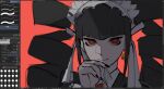  1girl bangs black_hair black_nails blunt_bangs bonnet celestia_ludenberg collared_shirt commentary danganronpa:_trigger_happy_havoc danganronpa_(series) drill_hair frills gothic_lolita hand_up highres jacket lolita_fashion long_hair looking_at_viewer nail_polish necktie pastahands red_background red_eyes red_neckwear shirt smile solo twin_drills twintails 