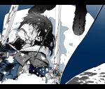  1boy arrow_(projectile) bangs blood blood_on_face boots character_request chouonsoku-jiisan commentary_request copyright_request fur_trim greyscale hair_between_eyes highres impaled injury letterboxed lying male_focus monochrome on_back snow solo_focus spot_color sword weapon 