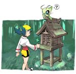  1girl ? bike_shorts blue_eyes celebi cropped_jacket curious forest gen_2_pokemon green_hair ilex_forest jacket kochi8i kris_(pokemon) looking_down mythical_pokemon nature pokemon pokemon_(creature) pokemon_(game) pokemon_gsc red_shirt shirt shrine smile walking white_jacket yellow_headwear yellow_legwear 