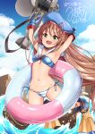  1girl :d armpits bangs bikini blue_bikini blue_gloves blue_headwear blush brown_hair cloud cloudy_sky commentary_request commission dated day eyebrows_visible_through_hair gloves green_eyes hat hisakabe_oune holding innertube irina_bondarchuk iris_mysteria! long_hair looking_at_viewer navel ocean open_mouth sidelocks signature skeb_commission sky smile solo stomach striped striped_bikini swimsuit very_long_hair 