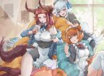  3girls animal_ears apron bangs blue_eyes bow brown_hair cat_ears cat_girl cat_tail chips double_bun drink drinking_straw eating food frilled_apron frills hair_bow highres holding holding_drink holding_food holding_phone horns indoors jacket juliet_sleeves light_blue_hair long_hair long_sleeves maid maid_headdress multiple_girls off_shoulder open_clothes open_jacket open_mouth original phone puffy_sleeves red_eyes red_hair short_hair short_sleeves sipping sitting sleeveless tail taiu window 