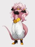  1girl android_21 bare_shoulders breasts choker cleavage colored_skin dragon_ball dragon_ball_fighterz earrings full_body grey_background hoop_earrings jewelry kemachiku long_hair looking_at_viewer majin_android_21 medium_breasts midriff navel pink_hair pink_skin simple_background solo standing strapless tail tubetop yellow_choker 