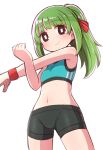  1girl bangs bare_arms bare_shoulders bike_shorts black_eyes black_shorts blush breasts character_request closed_mouth commentary_request cowboy_shot dohna_dohna eyebrows_visible_through_hair green_hair groin hair_ribbon highres long_hair looking_at_viewer naga_u navel ponytail red_ribbon ribbon short_shorts shorts simple_background small_breasts smile solo standing stretch white_background 
