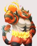  1boy abs animal_ears bara bulge cat_boy cat_ears cat_tail claws colored_sclera cowboy_shot fangs fire flexing furry gen_7_pokemon green_eyes incineroar kinoshita_jiroh looking_at_viewer muscular muscular_male no_nipples one_eye_closed pectorals pokemon pokemon_(creature) pose smile solo tail tail_raised teeth yellow_sclera 