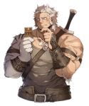  1boy arm_hair bara bare_shoulders belt blush body_fur brown_belt covered_abs cropped_legs dog_tags finger_to_own_chin grey_tank_top hairy highres large_pectorals long_sideburns male_focus mature_male medium_hair mikky muscular muscular_male original pectorals reading sideburns silver_hair solo sweatdrop sword sword_behind_back tank_top thick_eyebrows tiger_boy tiger_stripes vambraces veins weapon white_background white_fur 
