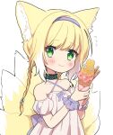  1919_decoy 1girl animal_ears arknights black_collar blonde_hair blush braid collar collarbone commentary_request criss-cross_halter dress flying_sweatdrops food fox_ears green_eyes hairband halterneck highres holding holding_food ice_cream ice_cream_cone infection_monitor_(arknights) looking_at_viewer multicolored_hair multiple_tails off-shoulder_dress off_shoulder oripathy_lesion_(arknights) pink_dress purple_hairband purple_wristband short_hair_with_long_locks simple_background single_braid smile solo streaked_hair suzuran_(arknights) tail white_background white_hair 
