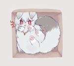  1girl ahoge animal animalization arknights box cardboard_box cat fluffy grey_background grey_fur in_box in_container jewelry lying necklace no_humans on_back paws simple_background sitting smile solo specter_(arknights) tongue tongue_out zhu_mianzi 