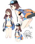  1girl :d alternate_hair_length alternate_hairstyle backpack bag bangs baseball_cap bent_over bike_shorts black_headwear blue_bag blush brown_eyes brown_hair commentary_request cosplay eyelashes gen_8_pokemon gloria_(pokemon) gloves gym_trainer_(pokemon) gym_trainer_(pokemon)_(cosplay) hat heart highres holding_strap long_hair midriff mosu2 multiple_views navel open_mouth parted_lips partially_colored pokemon pokemon_(creature) pokemon_(game) pokemon_swsh shiny shiny_hair single_glove sirfetch&#039;d sketch smile white_background 