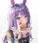  1girl absurdres aimbek animal_ears aqua_ribbon blush cake commentary_request ear_ribbon eyebrows_visible_through_hair food gradient gradient_background grey_background highres horse_ears horse_girl lkr looking_at_viewer mejiro_mcqueen_(umamusume) purple_eyes purple_hair ribbon solo umamusume upper_body white_background work_in_progress 