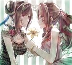  2girls aerith_gainsborough alternate_hairstyle animal_print bangs blue_eyes breasts cleavage_cutout closed_mouth clothing_cutout eye_contact eyebrows_visible_through_hair eyes_visible_through_hair final_fantasy final_fantasy_vii final_fantasy_vii_remake fingernails flower hair_bun hair_ribbon hand_on_another&#039;s_back high_collar highres holding holding_flower large_breasts leopard_print long_hair looking_at_another medium_breasts mirrorclew multiple_girls red_eyes ribbon short_sleeves sleeveless swept_bangs tifa_lockhart tifa_lockhart&#039;s_sporty_dress upper_body yuri 