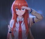  1girl bangs blue_eyes blush brown_coat coat collared_shirt hair_between_eyes highres long_hair long_sleeves looking_at_viewer makise_kurisu necktie outdoors parted_lips rain red_hair red_neckwear rjh5820 shiny shiny_hair shirt solo steins;gate straight_hair upper_body very_long_hair wet wet_clothes wet_shirt white_shirt wing_collar 