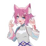  alicia_cotton animal_ear_fluff animal_ears bangs blue_eyes cat_girl fang foxx_(rftx8228) hair_between_eyes hair_ornament indie_virtual_youtuber long_sleeves open_mouth pink_hair short_hair short_ponytail skin_fang upper_body virtual_youtuber white_background wing_hair_ornament 