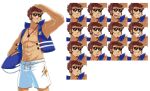  1boy :o abs absurdres alternate_costume bare_pectorals blue_eyes blush brown_hair closed_eyes closed_mouth cropped_jacket embarrassed expressions facial_hair fate/grand_order fate_(series) feet_out_of_frame goatee highres holding holding_surfboard long_sideburns looking_at_viewer male_focus male_swimwear muscular muscular_male napoleon_bonaparte_(fate) navel nipples no_nipples one_eye_closed pectorals salute scar scar_on_chest short_hair sideburns sleeveless smile smug stomach surfboard swim_trunks vincent-san white_background white_male_swimwear 