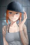  1girl arm_tattoo baseball_cap black_bra black_headwear bra bra_strap brown_eyes check_commentary closed_mouth commentary_request grey_camisole hand_on_headwear hat highres kilye_kairi looking_at_viewer orange_hair original short_hair shoulder_tattoo sideways_hat smile solo tattoo underwear upper_body 