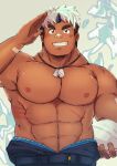  1boy abs akiha_gongen_(tokyo_houkago_summoners) bandaid bandaid_on_nose bara belt blush brown_eyes dark-skinned_male dark_skin face facial_hair goatee grin highres holding horns large_pectorals male_focus male_pubic_hair multicolored_hair muscular muscular_male navel nipples pectorals penis pubic_hair rugby_ball salute scar scar_across_eye scar_on_cheek scar_on_face shirtless short_hair sideburns single_horn smile solo stomach tatatan_(ts_kon2) thick_eyebrows tokyo_houkago_summoners two-tone_hair white_hair 