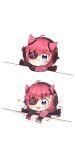  1girl apex_legends black_headwear black_jacket blush bongo_cat chibi commentary_request cyber_punked_wattson eyebrows_visible_through_hair eyepatch horns jacket koiharu like_and_retweet mechanical_arms meme official_alternate_costume one_eye_covered open_mouth pink_hair single_mechanical_arm smile v-shaped_eyebrows wattson_(apex_legends) 
