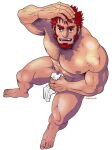  1boy abs alternate_hairstyle armpit_hair bara bare_pectorals beard brown_eyes chest_hair covering covering_crotch dark-skinned_male dark_skin facial_hair fate/grand_order fate_(series) from_above full_body highres iskandar_(fate) large_pectorals looking_at_viewer male_focus mature_male muscular muscular_male naked_towel navel_hair nipples pectorals red_hair short_hair sitting smile solo stomach thick_eyebrows thick_thighs thighs towel tsukasa_mat veins white_background 