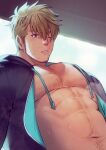  1boy abs backlighting bara beard black_jacket blonde_hair blush chest_hair eyebrows_visible_through_hair facial_hair hairy highres hood hooded_jacket jacket large_pectorals long_sideburns looking_at_viewer male_cleavage male_focus mature_male messy_hair muscular muscular_male navel navel_hair one_eye_closed open_clothes open_jacket original pectorals plump short_hair sideburns solo stomach stubble sweat upper_body waku_(ayamix) wet 