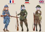  3girls absurdres ammunition_pouch ankle_boots backpack bag belt_buckle blonde_hair blue_eyes blue_hair bob_cut bolt_action boots buckle canteen club coffee_mug commentary cup entrenching_tool explosive french_flag green_eyes grenade gun helmet highres imperial_german_flag lebel_model_1886 lee-enfield load_bearing_equipment long_hair looking_at_viewer mauser_98 medium_hair mess_kit military military_uniform mole mole_under_eye mug multiple_girls open_mouth original pouch purple_eyes purple_hair puttee rifle ryuukihei_rentai shell_casing simple_background sling soldier stick_grenade uniform union_jack weapon world_war_i 
