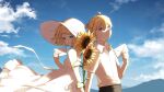  1boy 1girl back-to-back bare_arms bare_shoulders blonde_hair blue_eyes blue_sky cloud dress eob flower hair_ornament hairclip hat highres hill holding holding_flower holding_hands holding_letter kagamine_len kagamine_rin letter looking_at_viewer pale_skin short_hair short_ponytail sky sleeveless sleeveless_dress smile sun_hat sundress sunflower vocaloid white_dress white_headwear wind 