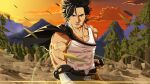  1boy absurdres black_clover black_hair cigar cigarette cloud debris dust finishing_move highres katana leaves_in_wind looking_at_viewer mountain muscular sadraquesakuga smoke sunset sword tree veins weapon wind yami_sukehiro 