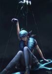  1girl ahoge arm_up artstation_username bangs blue_eyes blue_gloves blue_legwear commentary dark_background doll_joints drill_hair earrings foot_out_of_frame glasgow_smile gloves green_eyes gwen_(league_of_legends) heterochromia highres isaac_liew jewelry joints knees_up league_of_legends lips long_hair looking_down pantyhose puppet puppet_strings purple_eyes scissor_blade scissors short_sleeves sitting skirt solo swept_bangs 