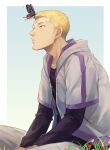  1boy adam&#039;s_apple araratake black_shirt blonde_hair blue_sky bug butterfly day ear_piercing highres hood hoodie insect long_sleeves male_focus nose_piercing outdoors pet_(ranjou_miyake) piercing satoru_(pet) scar_on_forehead shirt sitting sky solo yellow_eyes 