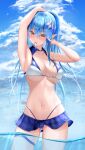  1girl absurdres adjusting_hair ass_visible_through_thighs bikini blue_bikini blue_hair blush breasts cleavage hair_tie_in_mouth highleg highleg_bikini highres hololive huge_filesize in_mouth in_water large_breasts legs_apart looking_at_viewer miniskirt moubokobokodayo mouth_hold navel o-ring o-ring_bikini o-ring_top pointy_ears ponytail seductive_smile skirt smile solo swimsuit thick_thighs thigh_strap thighs thong_bikini underboob water wet yellow_eyes yukihana_lamy 