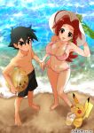  1boy 1girl :d ahoge alternate_costume ash_ketchum ball bangs bare_arms barefoot beachball bikini black_hair blush breasts brown_eyes brown_hair character_print cleavage coffee-break collarbone commentary_request covered_nipples cup delia_ketchum drinking drinking_straw eyelashes gen_1_pokemon green_ribbon hair_between_eyes hat hat_ribbon highres holding_hands large_breasts long_hair looking_up male_swimwear mother_and_son navel open_mouth pikachu pink_bikini pokemon pokemon_(anime) pokemon_(creature) ribbon sand shirtless shore short_hair smile standing swim_trunks swimsuit toes tongue water white_headwear 