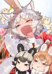  3girls african_wild_dog_(kemono_friends) african_wild_dog_print ahegao anger_vein animal_ears biting blue_eyes blush burikarun cherub dhole_(kemono_friends) dog_(mixed_breed)_(kemono_friends) dog_ears dog_girl dog_tail envy grey_hair headpat heterochromia instrument kemono_friends kemono_friends_3 lip_biting multicolored_hair multiple_girls open_mouth orange_hair petting rolling_eyes smile tail tail_wagging tongue tongue_out trumpet two-tone_hair yellow_eyes 