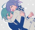  2boys :d ahoge alternate_hair_color bangs black_jacket black_scarf checkered checkered_neckwear checkered_scarf commentary_request cowboy_shot danganronpa_(series) danganronpa_v3:_killing_harmony from_side green_hair grey_background grey_jacket grey_pants grey_scarf happy hug jacket long_sleeves looking_at_another male_focus multiple_boys open_mouth ouma_kokichi outline pants pink_hiar saihara_shuuichi sasakama_(sasagaki01) scarf smile striped_jacket sweatdrop two-tone_scarf upper_body white_outline yaoi yellow_eyes 