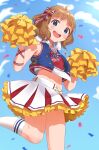  1girl :d absurdres ahoge blue_bow blue_eyes blue_jacket blue_sky blush bow brown_hair cheerleader confetti cropped_shirt day feet_out_of_frame hair_bow highres holding holding_pom_poms idolmaster idolmaster_million_live! idolmaster_million_live!_theater_days inuyama_nanami jacket jersey looking_at_viewer medium_hair midriff miniskirt multicolored_bow navel open_clothes open_jacket open_mouth outdoors pleated_skirt pom_pom_(cheerleading) red_bow round_teeth skirt sky sleeveless sleeveless_jacket smile socks solo standing standing_on_one_leg striped striped_bow suou_momoko teeth upper_teeth white_legwear 