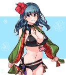  1girl abby_(ayanobro) alternate_costume ayanobro bikini black_bikini black_swimsuit blue_eyes blue_hair breasts byleth_(fire_emblem) byleth_(fire_emblem)_(female) cleavage dagger fire_emblem fire_emblem:_three_houses fire_emblem_heroes flower food fruit hair_flower hair_ornament highres jewelry knife large_breasts necklace smile solo swimsuit towel watermelon weapon 