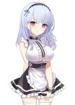  1girl apron azur_lane breasts closed_mouth dido_(azur_lane) eyebrows_visible_through_hair feet_out_of_frame hairband hand_on_back highres kiki-yu large_breasts light_blue_hair long_hair looking_at_viewer maid maid_apron purple_eyes solo standing thighhighs white_background white_legwear 