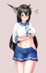  1girl black_hair blue_neckwear blue_sailor_collar blue_skirt breasts cosplay cowboy_shot dated dress etorofu_(kancolle) etorofu_(kancolle)_(cosplay) gloves grey_background hat headgear highres kantai_collection large_breasts long_hair looking_down maru_(marg0613) nagato_(kancolle) navel neckerchief one-hour_drawing_challenge pleated_dress pleated_skirt sailor_collar sailor_hat school_uniform serafuku shorts shorts_under_skirt simple_background skirt solo twitter_username underboob undersized_clothes white_gloves 