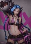  1girl ammunition_belt artist_name asymmetrical_legwear belt blue_hair braid breast_tattoo bullet_necklace cowboy_shot flat_chest gatling_gun graffiti gun highres holding holding_gun holding_weapon isaac_liew jinx_(league_of_legends) league_of_legends long_hair looking_at_viewer navel pink_eyes purple_shorts rocket_launcher shadow shell_casing short_shorts shorts smirk solo tattoo twin_braids uneven_legwear v-shaped_eyebrows v-shaped_eyes very_long_hair weapon 