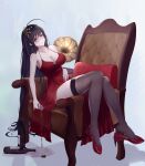  1girl absurdly_long_hair absurdres ahoge alcohol azur_lane bangs black_hair black_legwear breasts chair champagne champagne_flute cleavage cocktail_dress collarbone crossed_bangs cup dress drinking_glass evening_gown eyebrows_visible_through_hair full_body hair_between_eyes hair_ornament high_heels highres huge_breasts kujira_(8284) lace-trimmed_legwear lace_trim long_hair looking_at_viewer official_alternate_costume phonograph pouring red_dress red_eyes red_footwear red_wine shoe_dangle shoes simple_background sleeveless sleeveless_dress solo spill taihou_(azur_lane) taihou_(forbidden_feast)_(azur_lane) thighhighs very_long_hair 