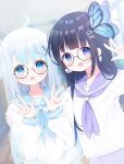  2girls :d ahoge amatsuka_uto aoi_nabi bangs black-framed_eyewear black_hair blue_eyes blue_hair blue_neckwear blue_sailor_collar blue_skirt blurry blurry_background blush butterfly_hair_ornament commentary depth_of_field deyui double_w english_commentary eyebrows_visible_through_hair glasses hair_ornament hairclip hand_up hands_up highres indie_virtual_youtuber indoors long_hair long_sleeves looking_at_viewer multiple_girls neckerchief open_mouth puffy_long_sleeves puffy_sleeves purple_neckwear purple_sailor_collar purple_skirt round_eyewear sailor_collar school_uniform serafuku shirt signature skirt smile upper_teeth very_long_hair virtual_youtuber w white_shirt x_hair_ornament 