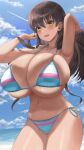  1girl absurdres arms_up beach bikini black_hair blue_sky breasts cleavage day highres huge_breasts iwato_kasumi long_hair looking_at_viewer micro_bikini navel ocean open_mouth outdoors saki shiny shiny_hair shiny_skin silvertsuki1 skindentation sky solo standing striped striped_bikini swimsuit underboob yellow_eyes 
