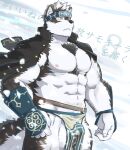  1boy abs animal_ears bara bare_pectorals bulge chest_hair furry gakuran grey_fur grey_hair headband horkeu_kamui_(tokyo_houkago_summoners) jacket jacket_on_shoulders large_pectorals looking_up male_focus multicolored_hair muscular muscular_male navel nipples pectorals pelvic_curtain plump revealing_clothes school_uniform short_hair silver_hair solo stomach tail thick_thighs thighs tokyo_houkago_summoners two-tone_fur white_fur wolf_boy wolf_ears wolf_tail yanutorie yellow_eyes 