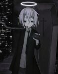  1girl angel bangs black_eyes black_jacket black_neckwear black_pants black_sky building cigarette coffin collared_shirt empty_eyes gloves highres jacket ompf original pants shirt short_hair smoking white_gloves white_hair white_shirt 