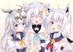  3girls absurdres ahoge animal_ears artist_name blue_eyes breasts cat_ears closed_eyes cosplay fang fox_ears hair_ornament highres hololive horse_ears horse_girl kurashina_yuzuki long_hair looking_at_viewer multiple_girls oguri_cap_(umamusume) one_eye_closed open_mouth original shirakami_fubuki silver_hair simple_background smile umamusume 