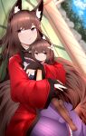  2girls absurdres amagi-chan_(azur_lane) amagi_(azur_lane) animal_ear_fluff animal_ears azur_lane black_legwear blurry blurry_background bridal_gauntlets brown_hair brown_tail coat fox_ears fox_girl fox_tail highres huge_filesize indoors japanese_clothes kimono kitsune kyuubi long_hair lying multiple_girls multiple_tails on_back open_clothes open_coat pantyhose purple_eyes red_kimono samip tail thick_eyebrows wide_sleeves 