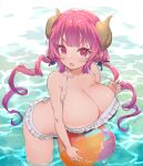  1girl :o ball bangs bare_shoulders beachball bikini blue_bikini blush breasts cleavage collarbone dragon_girl dragon_horns drill_hair fang frilled_bikini frills hair_ribbon highres horns huge_breasts ilulu_(maidragon) kobayashi-san_chi_no_maidragon long_hair looking_at_viewer pointy_ears red_eyes red_hair ribbon solo swimsuit twin_drills wading water yutsumoe 