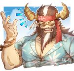  1boy bara brown_hair closed_eyes day draph granblue_fantasy hand_up hawaiian_shirt horns large_pectorals laughing male_cleavage male_focus multicolored_hair muscular muscular_male old old_man outdoors pectorals pointy_ears redluck rope sanwari_(aruji_yume) shirt sunglasses two-tone_hair upper_body white_hair 